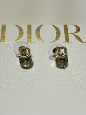 Gold-Tone 'D' Stud Earrings with Clear Crystal Drops